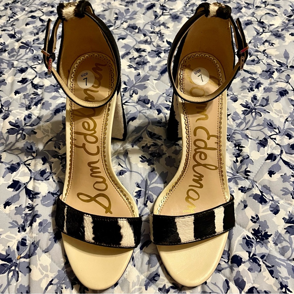 NWT SAM EDELMAN YARO COW FUR HAIR OPEN-TOE BLOCK HEEL SANDALS